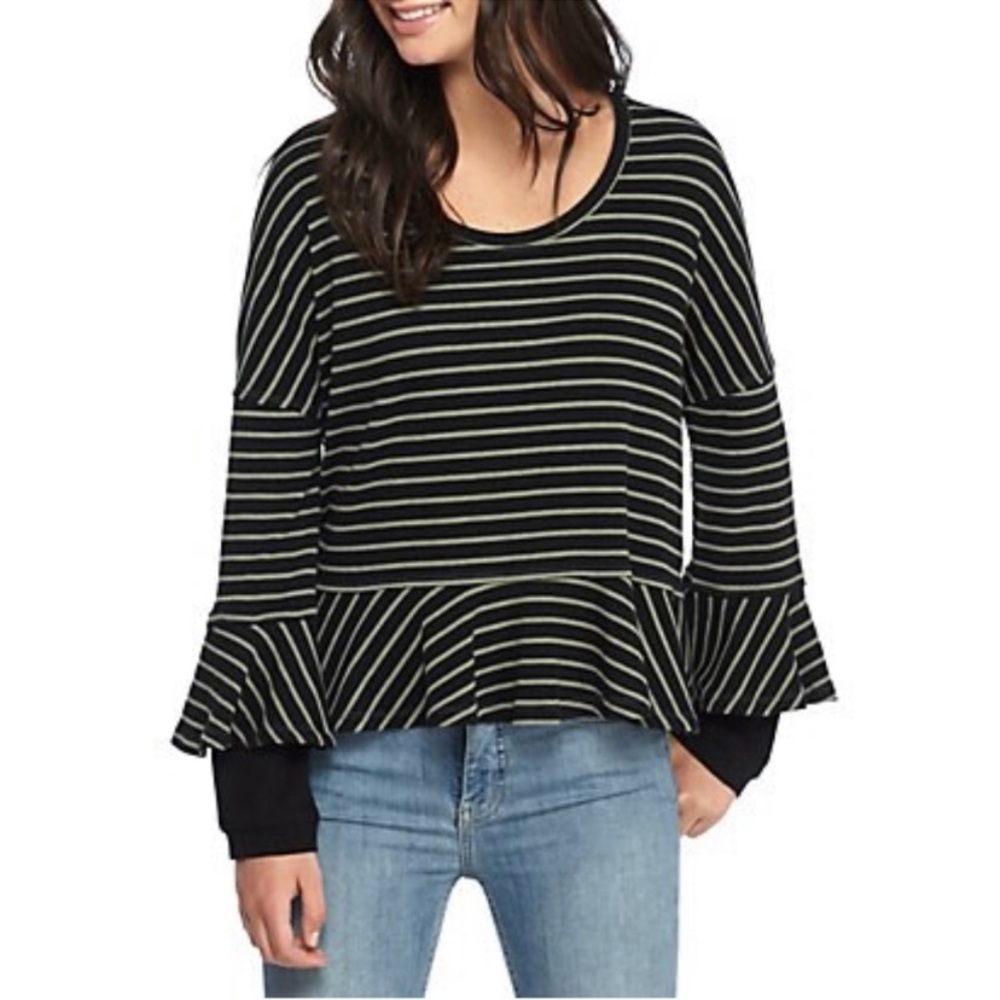 We The Free oversized peplum striped bell sleeve thermal black gray - Picture 2 of 10